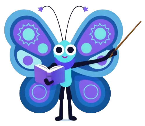 Dibujo de Morphy la mariposa con un libro en la mano y una regla para señalar que esta enseñando.